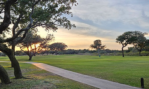 green golf course at sunset