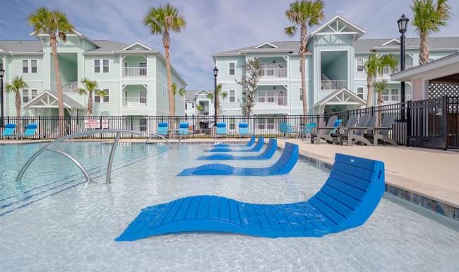 Pool with Blue Bench